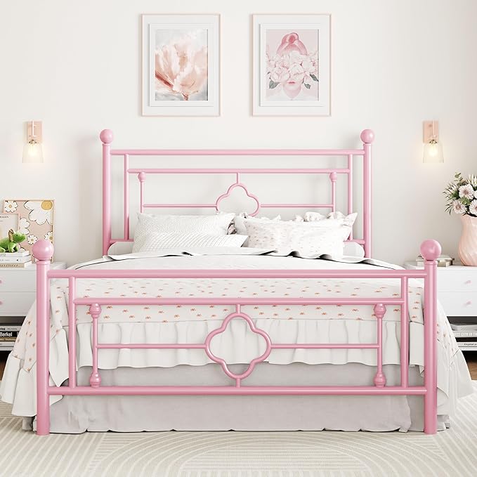 SHA CERLIN 14 Inches Full Size Metal Platform Bed Frame/Vintage Iron-Art Headboard and Footboard/Mattress Foundation for Storage/No Box Spring Needed/Noise-Free/Easy Assembly/Pink