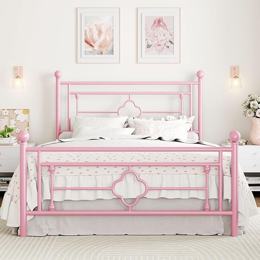 SHA CERLIN 14 Inches Queen Size Metal Platform Bed Frame/Vintage Iron-Art Headboard and Footboard/Mattress Foundation for Storage/No Box Spring Needed/Noise-Free/Easy Assembly/Pink
