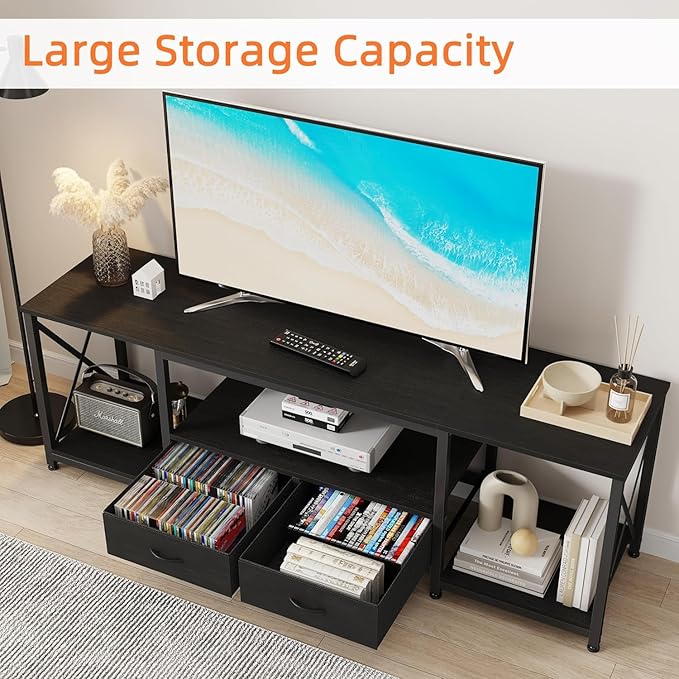 TV Stand with Fabric Drawer for 50 55 Inches TV - Entertainment Center and Industrial TV Console Table with Open Storage Shelves for Living Room, Bedroom - 47" Black