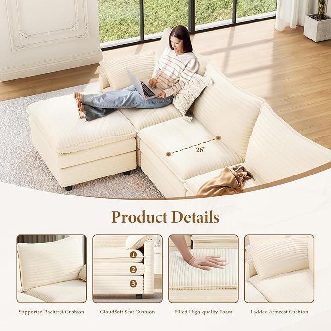 Vesgantti 142" Cloud Couch Sectional Modular Sofa, Comfy Sectional Couch with Ottoman Deep Seat Corduroy L Shaped Sofa, Modular Couches for Living Room, Bedroom and Apartment, Beige