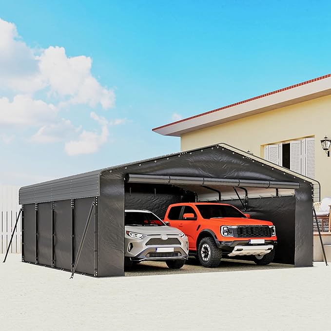 Real Relax 20x20ft Heavy Duty Metal Carport, Galvanized Steel Roof with Removable Sidewalls, 4 Support Legs, Outdoor Car Port Shelter for 2 Car Carport, Trucks and Boats