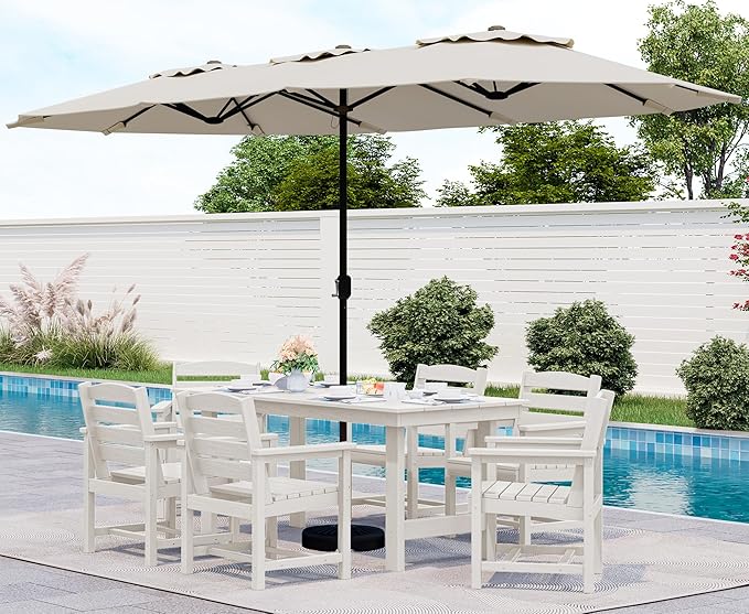 SERWALL 8-Piece Patio Dining Sets with 15FT Double Side Patio Umbrella, Outdoor HDPE Dining Furniture Set with Umbrella Hole Cut-Out Table and 6 Chairs, White（Umbreall Base not Included）
