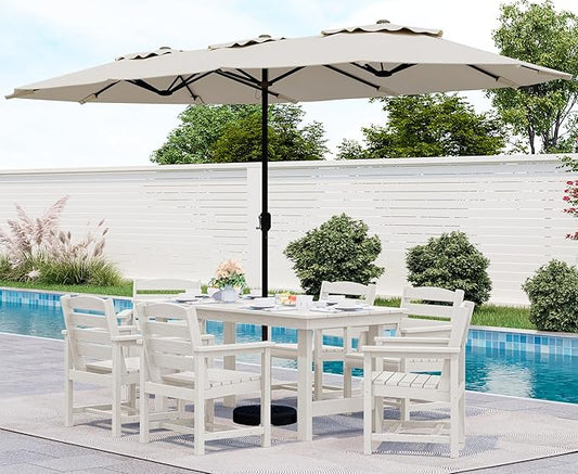 SERWALL 8-Piece Patio Dining Sets with 15FT Double Side Patio Umbrella, Outdoor HDPE Dining Furniture Set with Umbrella Hole Cut-Out Table and 6 Chairs, White（Umbreall Base not Included）