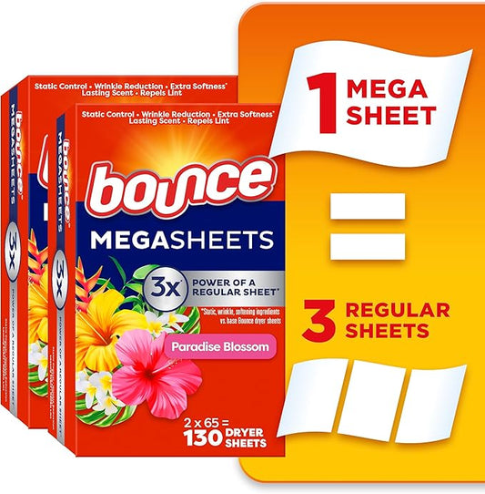 Bounce Mega Dryer Sheets, Paradise Blossom, 130 Count (Packaging May Vary)