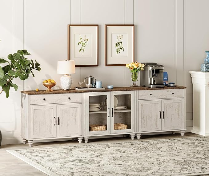 WAMPAT Farmhouse TV Stand for 100 Inch TV, 3-in-1 TV Console Table for 75/80/85/90 Inch TV, Entertainment Center with Glass & Wood Door, Kitchen Sideboard Buffet Cabinet for Living Room, Rustic White