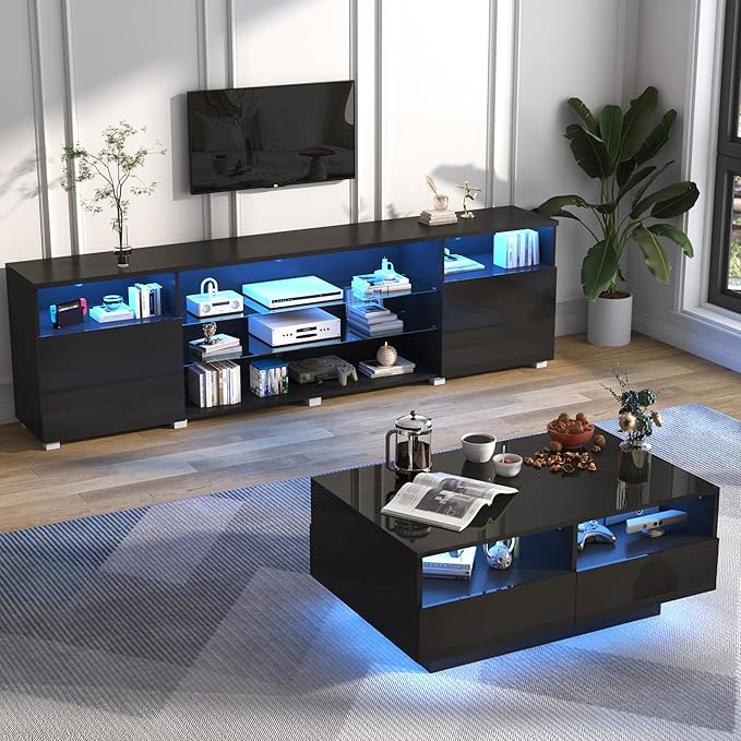 St.Mandyu LED TV Stand for 75/85/90 inch TV, Modern Television Table Center Media Console with Drawer and Led Lights, High Glossy Entertainment Center for Living Game Room Bedroom(Black)