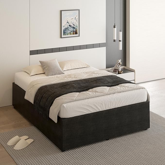 18 Inch California King Bed Frame with Black Bed Cover, Metal Cal King Bed Frame No Box Spring Needed, Heavy Duty Mattress Foundation, Easy Assembly, Noise Free