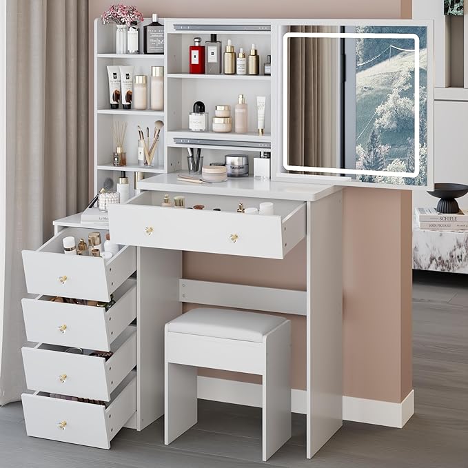 37" Vanity Desk with Mirror and Lights, Makeup Table with Led Lights and Sliding Mirror, 3 Lighting Colors, Vanity Set with Drawers and Stool for Bedroom, White