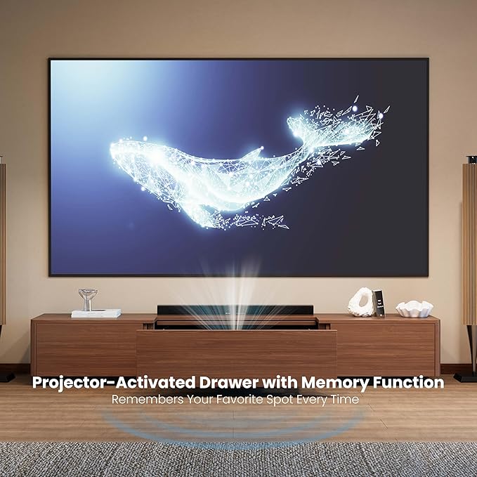 102" Ultra Short Throw Projector TV Cabinet, Mid-Century Modern Electric TV Stand with Linkage Memory Function and Ample Storage Space, Entertainment Center for Living Room, Walnut Color