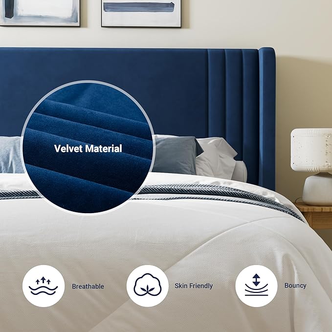 Allewie Queen Size Velvet Platform Bed Frame with Vertical Tufted Wingback Headboard, Easy Assembly, Under Bed Storage, No Box Spring Required, Modern Style, Blue