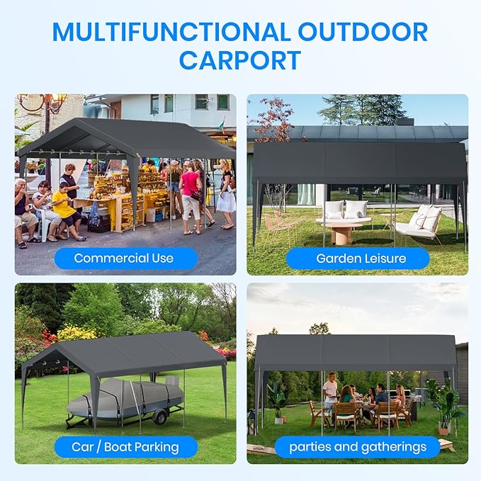 12x20 FT Heavy Duty Carport, Outdoor Portable Car Canopy Garage, Galvanized Steel Frame, UV-Resistant Waterproof PE Tarp Shelter for Vehicles, Boats, RVs, Driveway Carport, Gray