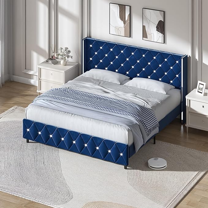 HOMBCK King Size Bed Frame with Headboard, Upholstered Bed with Diamond Tufted Design Design, Modern King Size Bed with Wingback, No Box Spring Needed, Easy Assembly, Blue