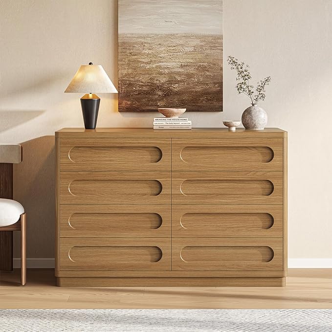 Dresser for Bedroom with 8 Drawers, 47.2" Wide Dresser for Closet with Deep Drawer, Large Wood TV Stand, Modern Chest of Drawers for Bedroom, Hallway, Oakbrown