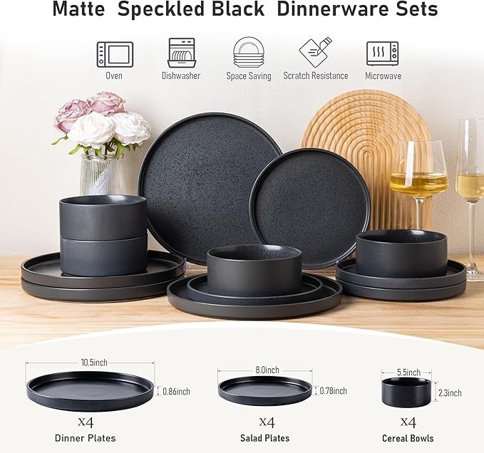 GBHOME Ceramic Dinnerware Sets for 4, Stoneware Plates and Bowls Sets, Chip and Scratch Resistant Dishes, Dishwasher & Microwave& Oven Safe Dishes sets, Reactive Glaze-Speckled Black