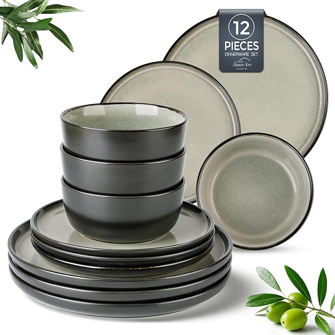 AmorArc Stoneware Dinnerware Sets,Round Reactive Glaze Plates and Bowls Set,Highly Chip and Crack Resistant | Dishwasher & Microwave Safe Dishes Set,Service for 4 (12pc)