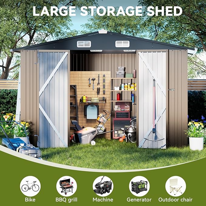 COMHOMA Shed Outdoor Storage Shed Metal,Lockable Doors Tool Sheds with Sloping Roof,Steel Garden Shed with Air Vent for Backyard,Patio,Lawn,Poolside (Brown, 10'*10')