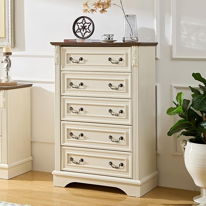 BLANKSPACE Farmhouse Dresser with 5 Drawers, Chest of Drawers for Bedroom, Hallway, Living Room, or Office Organization （Antique White）
