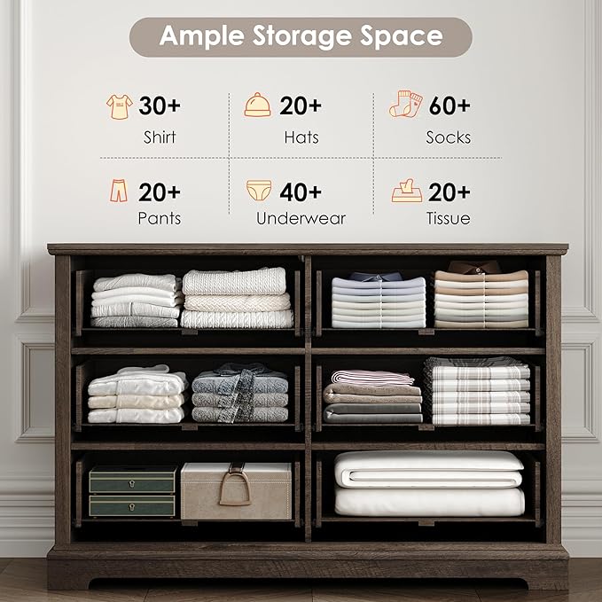 HOSTACK 6 Drawer Dresser for Bedroom, Modern Farmhouse Chest of Drawers for Bedroom, 47.2" Wide Wooden Double Dresser, Dark Wood Storage Cabinet for Living Room, Entryway, Hallway, Dark Brown