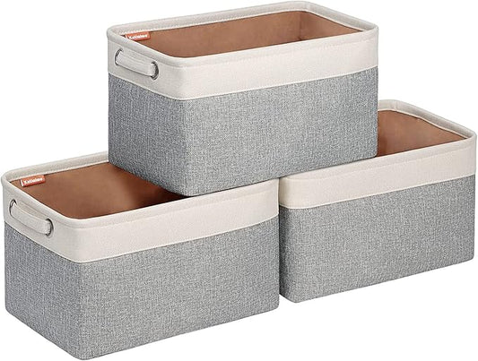 Kntiwiwo Storage Baskets for Closet 15" x 10" x 9.5" Fabric Storage Bins for Shelves Decorative Storage Cubes with Handles Large Linen Closet Organizer Bins for Home, Set of 3, Grey