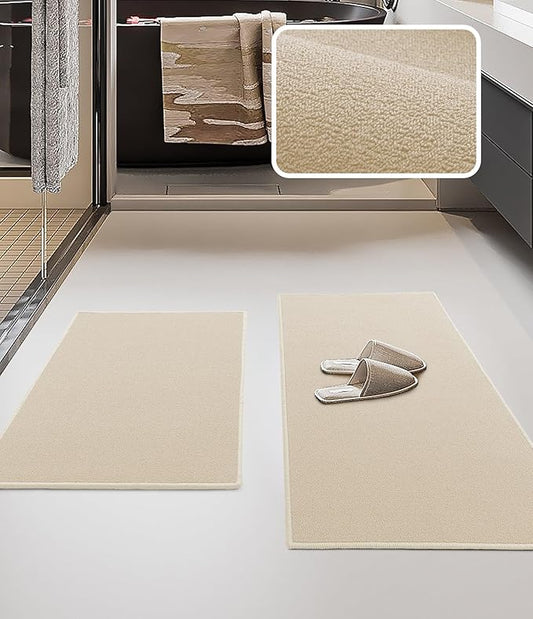 YIHOUSE Bathroom Rug Sets 2 Piece, Ultra Thin Bath Mat Fit Under Door, Quick Dry Absorbent Bath Mat for Bathroom Non Slip Machine Washable Floor Mat (Beige, 2 Piece)
