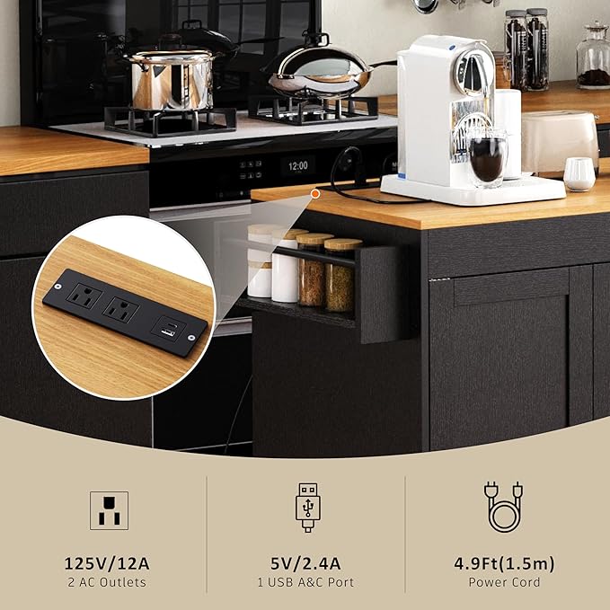 Rolling Kitchen Island on Wheels with Extendable Dining Table, Kitchen Storage Cart with 3 Drawers and Spice Rack, Black