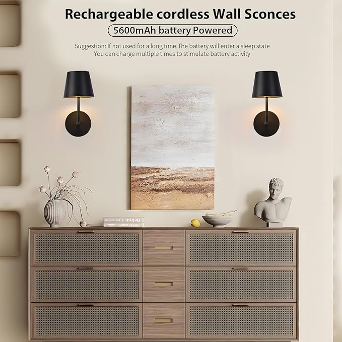 LED Wireless Wall Lamp Set of 2, with 5600mAh Rechargeable Battery Powered Wall Sconces, Touch for Remote Control Infinite Dimming Be Used for Bedroom Mirror Living Room Wall Painting (Black)