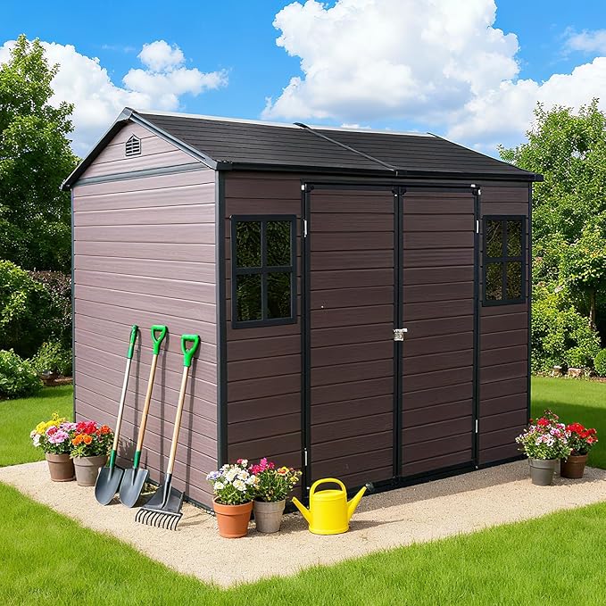 8x6 FT Outdoor Storage Resin Shed with Floor, Waterproof Plastic Garden Tool Shed with Windows, Vents & Lockable Door and Sloped Roof, Easy to Assemble Bike Shed for Patio, Backyard, Lawn, Brown