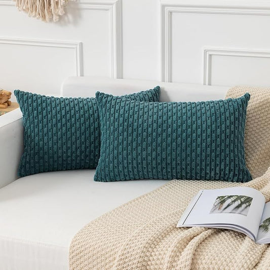 Kevin Textile Throw Pillow Covers Soft Corduroy Decorative Set of 2 Boho Striped Pillow Covers Pillowcases Farmhouse Home Decor for Couch Bed Sofa Living Room 12x20 Inch Teal Blue
