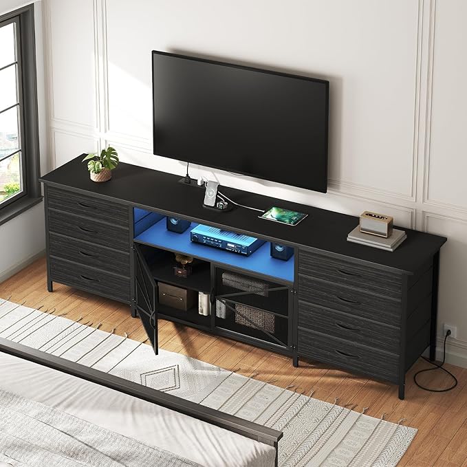 71" TV Stand Dresser for 85/80/75 Inch TV with Power Outlets and LED Lights, Long Dresser with 8 Fabric Drawers, Large Entertainment Center TV Console with Mesh Door for Bedroom, Black
