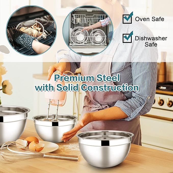 E-far Stainless Steel Mixing Bowls with Lids, 7-Piece Metal Nesting Bowls with Blue Airtight Lids for Saving Storage Space, Size 7, 4.6, 3, 2, 1.5, 1, 0.7QT, Great for Baking/Cooking/Prepping