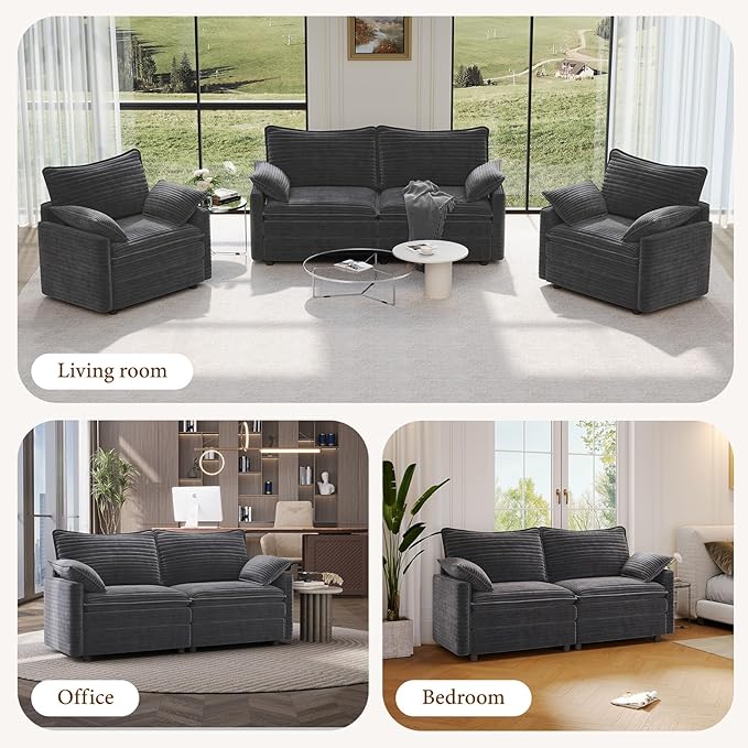 Vesgantti 74" Loveseat Sofa for Living Room, Comfy Cloud Couch Deep Seat Corduroy Modern 2 Seater Small Sofa with Armrest Pillow, Easy Assembly for Small Spaces, Gray