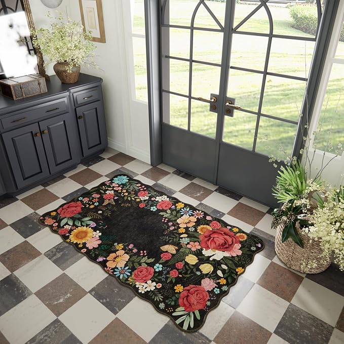 Floral Washable Area Rug 3'x5' Non Slip Boho Vintage Low Pile Soft Carpet for Living Room, Dining Room, Bedroom High Traffic Areas Indoor Rug for Bathroom, Entryway Decor (Black