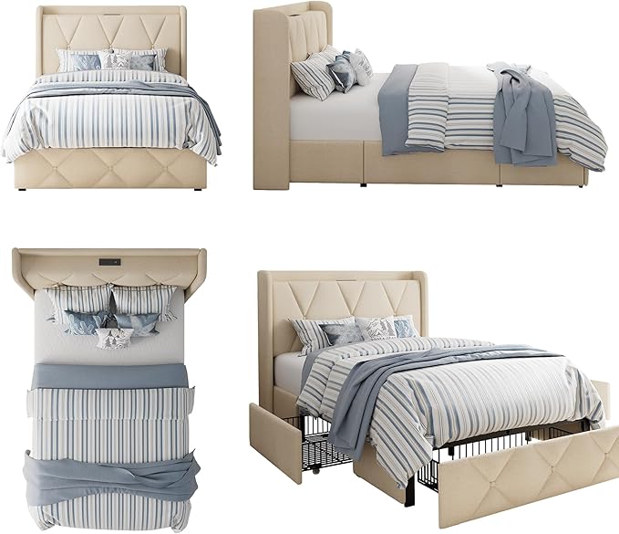Twin Bed Frame with 4 Storage Drawers, Upholstered Platform Bed with Charging Station, Modern Wingback Storage Headboard, Easy Assembly,Noise-Free, Beige