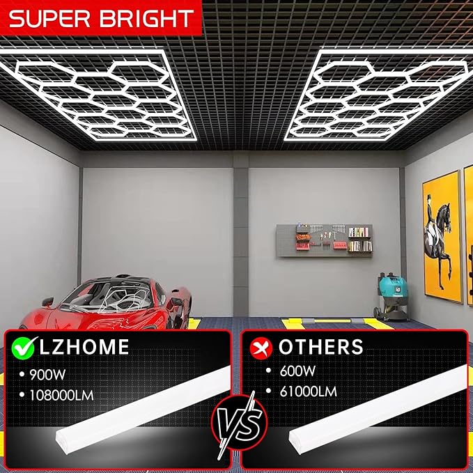 LED Hexagon Garage Light - Super Bright 108000LM Car Detailing Shop LED Garage Lights Hexagon Lighting System for Home Gym Workshop Basement Warehouse