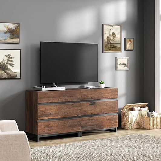 Wampat Modern TV Stand for up to 70 inch TVs, Entertainment Center Console with 6 Drawers and Metal Base, Living Room, Bedroom, Brown