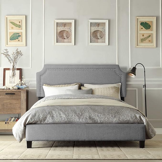 Bed Frame Upholstered Platform with Tufted Head Board Mattress Foundation with Wooden Slats Full/Queen Size for Bedroom School Students Kids Adults Storage Under 500lbs(Grey Fabric, Full)