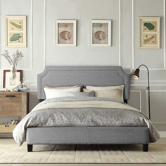 Bed Frame Upholstered Platform with Tufted Head Board Mattress Foundation with Wooden Slats Full/Queen Size for Bedroom School Students Kids Adults Storage Under 500lbs(Grey Fabric, Full)
