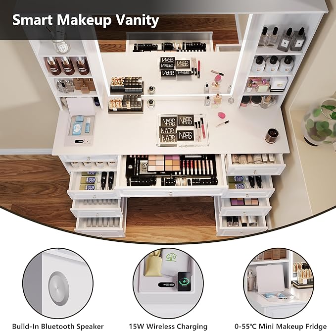 Extra Large Vanity Desk with Mirror and Lights, White Vanity with Bluetooth Speaker, Wireless Charging and Mask Cooler, Makeup Vanity Table with 9 Drawers for Women (Minimalist Style)