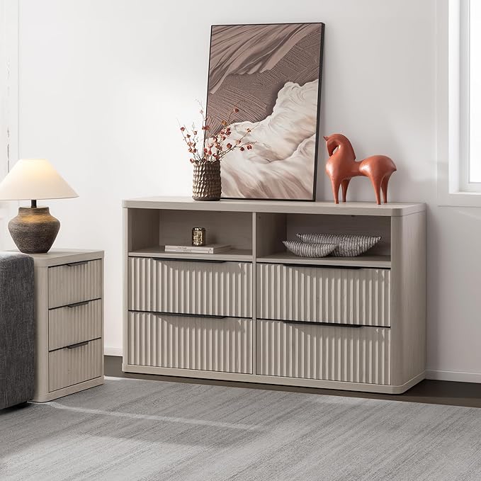 SICOTAS Dresser for Bedroom - Dressers & Chests of Drawers with 4 Drawers Large Modern Dresser for Closet with Open Shelf Fluted Wide TV Stand Clothes Closet Storage for Bedroom Hallway Entryway