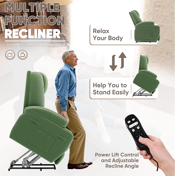 Power Lift Recliner Chair with Massage Electric Lift Chair for Elderly, Ergonomic Recliner with Cup Holders & Side Pockets, Modern Single Sofa for Living Room (Corduroy, Green)