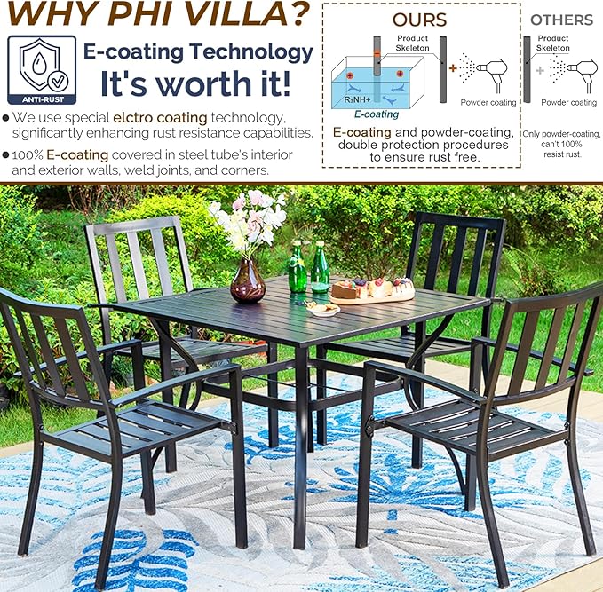 PHI VILLA 5 Piece Outdoor Dining Table Set for 4, 37” Square Metal Dining Table with Umbrella Hole & Stackable Steel Chairs for Patio, Deck, Yard