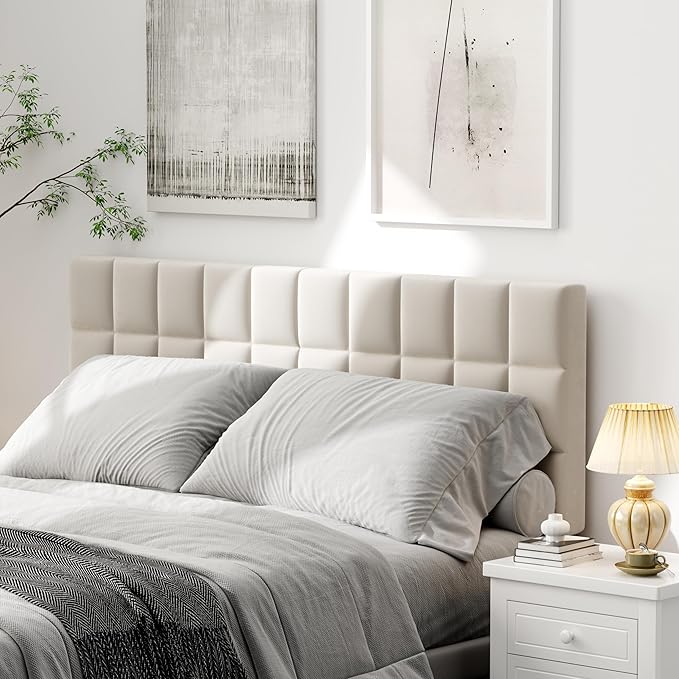 Andeworld Velvet Upholstered Tufted King Size Headboard,Wood Head Board with Metal Legs, Adjustable Height from 42” to 56”, Bed Headboard in Modern Design,Backboard for Bed, Beige