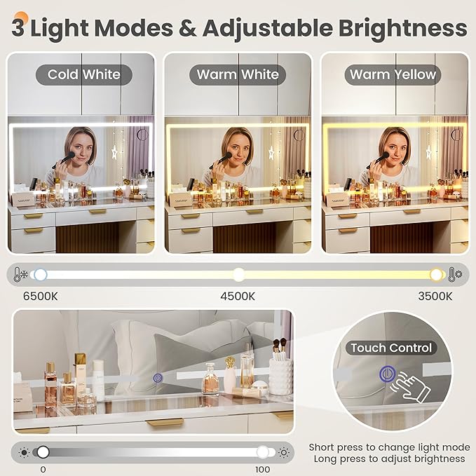 Pamapic 11 Drawers Vanity Desk with Golden Handles, Upgraded Silent Slides Vanity Mirror with Lights, 3 Lighting Modes Glass Top Makeup Vanity with Chair and Portable Mirror, Charging Station