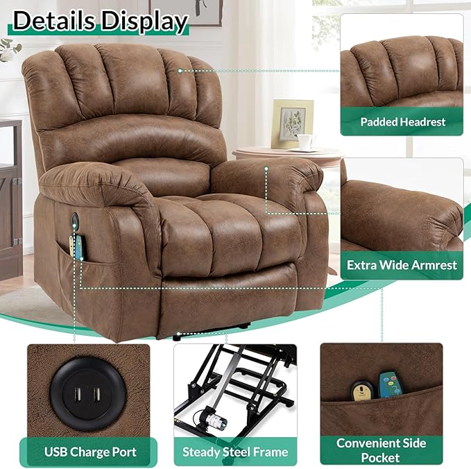 VIVIJASON Tall Man Large Power Lift Recliner Chair with Extended Footrest for Elderly, Overstuffed Wide Electric Lift Chair with Heat & Massage, 2 Remote Controls, Side Pockets & USB Ports, Brown