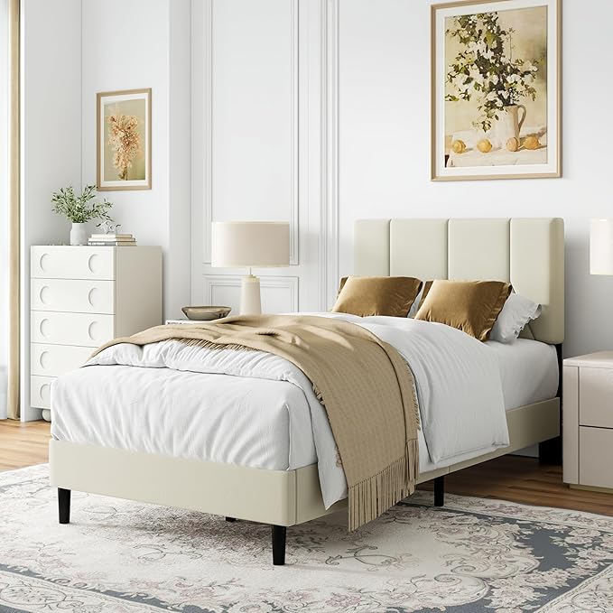 Twin Size Bed Frame, Platform Bed Frame with Velvet Upholstered Headboard, Twin Upholstered Mattress Foundation with Strong Wooden Slats, No Box Spring Needed, Noise Free, Easy Assembly