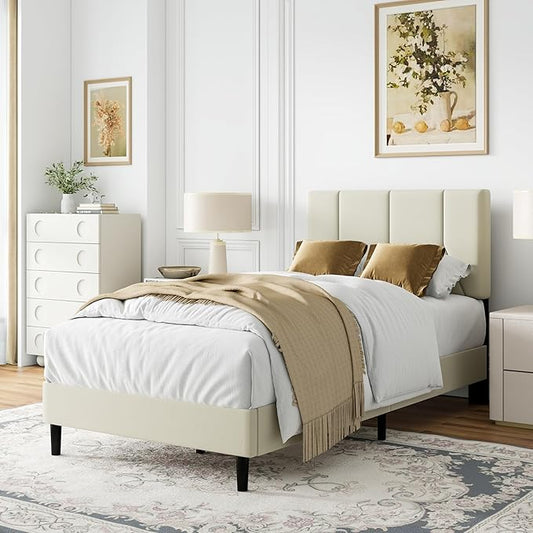 Twin Size Bed Frame, Platform Bed Frame with Velvet Upholstered Headboard, Twin Upholstered Mattress Foundation with Strong Wooden Slats, No Box Spring Needed, Noise Free, Easy Assembly