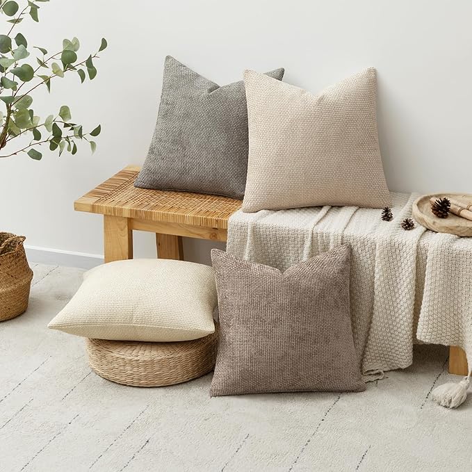 MIULEE Pack of 4 Couch Throw Pillow Covers 18x18 Inch Neutral Beige/Brown Soft Decorative Chenille Pillow Covers Farmhouse Accent Cushion Covers for Boho Home Decor Sofa Bedroom Living Room