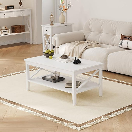 ChooChoo White Coffee Table Classic X Design for Living Room, Rectangular Modern Cocktail Table with Storage Shelf, 39 Inch