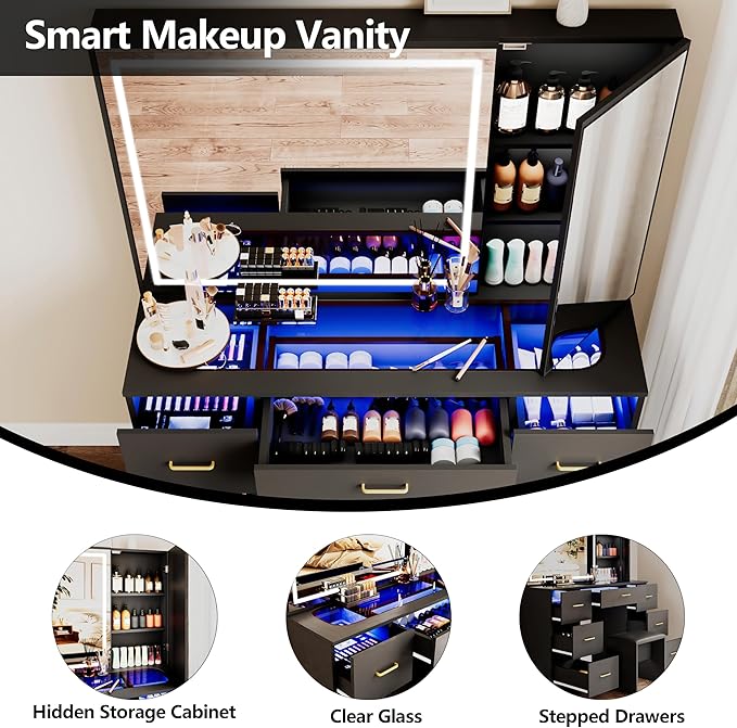 Vanity Desk with Mirror and Lights,Makeup Vanity Table with Glass Top and 7 Drawers&Cushioned Stool,Dressing Table with Drawers, Bedroom Makeup Desk for Women(Black-Glass top)