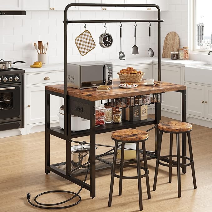 46" Large Kitchen Island Table Baker Rack with Power Outlet and 3-Tier Storage-Microwave Stand Oven Shelf, Metal Coffee Bar Table,Kitchen Storage Shelf for Dining Living Room, 5 Hooks,Vintage